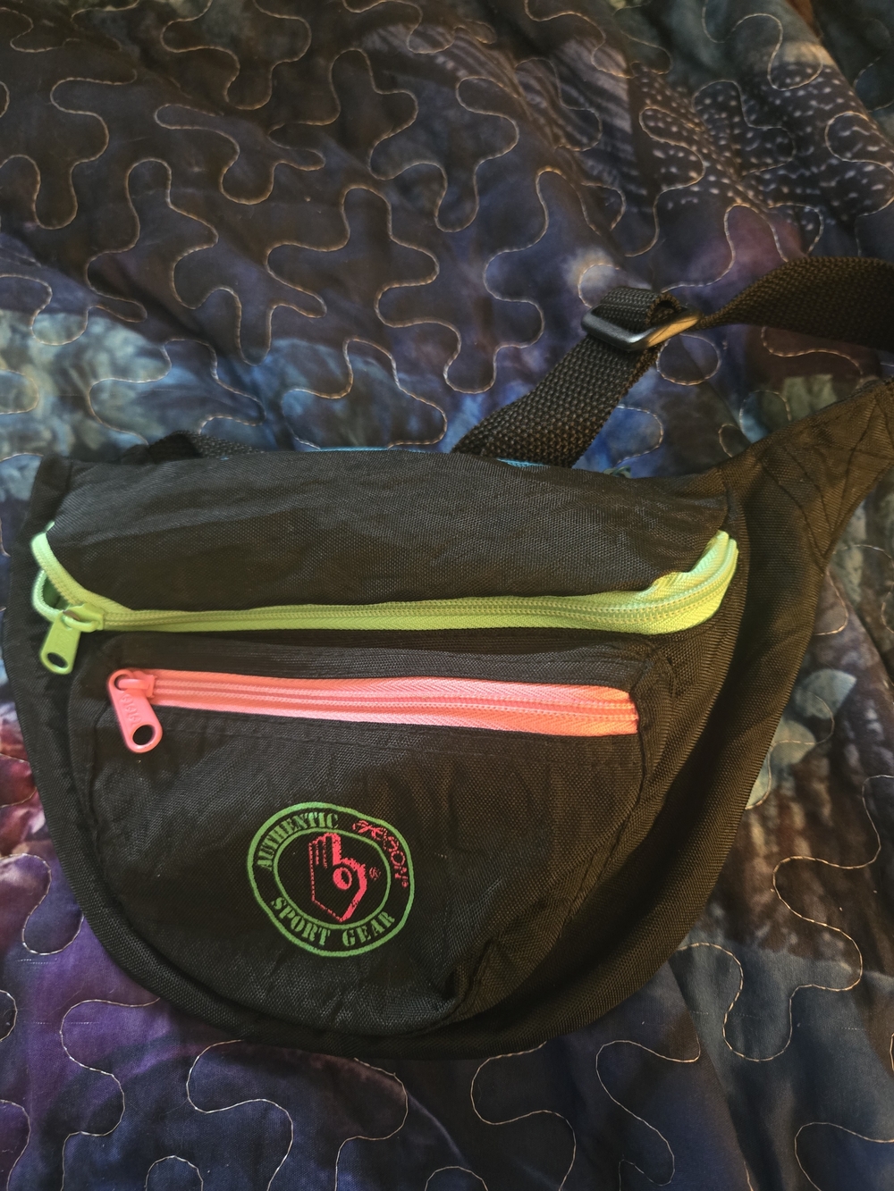 Black Fanny Pack Waist Bag with Neon Green & Pink Zippers